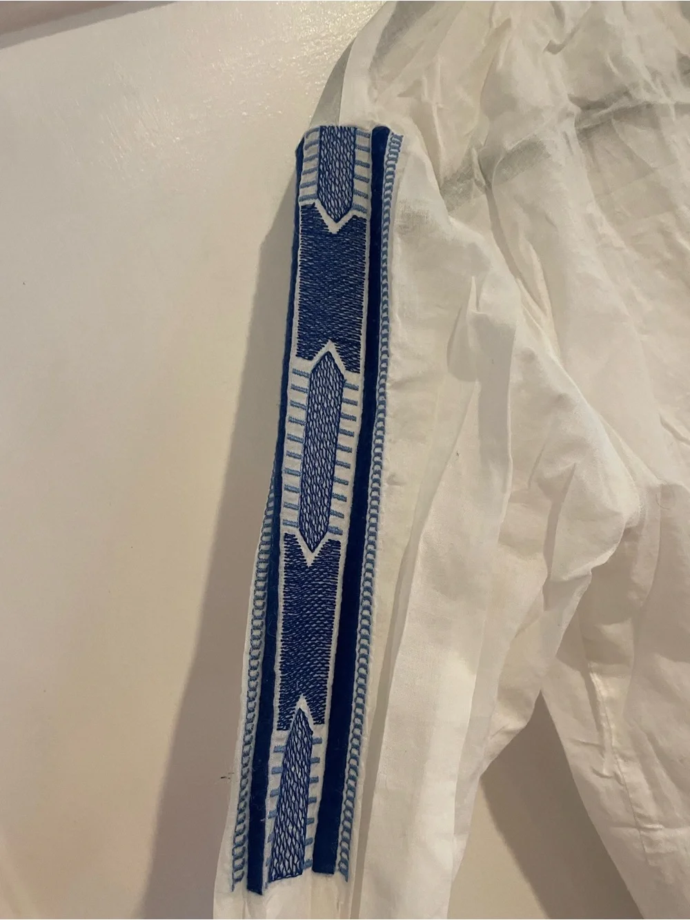 Michael Kors White Cotton Peasant Blouse with Blue Embroidery and Tassels
